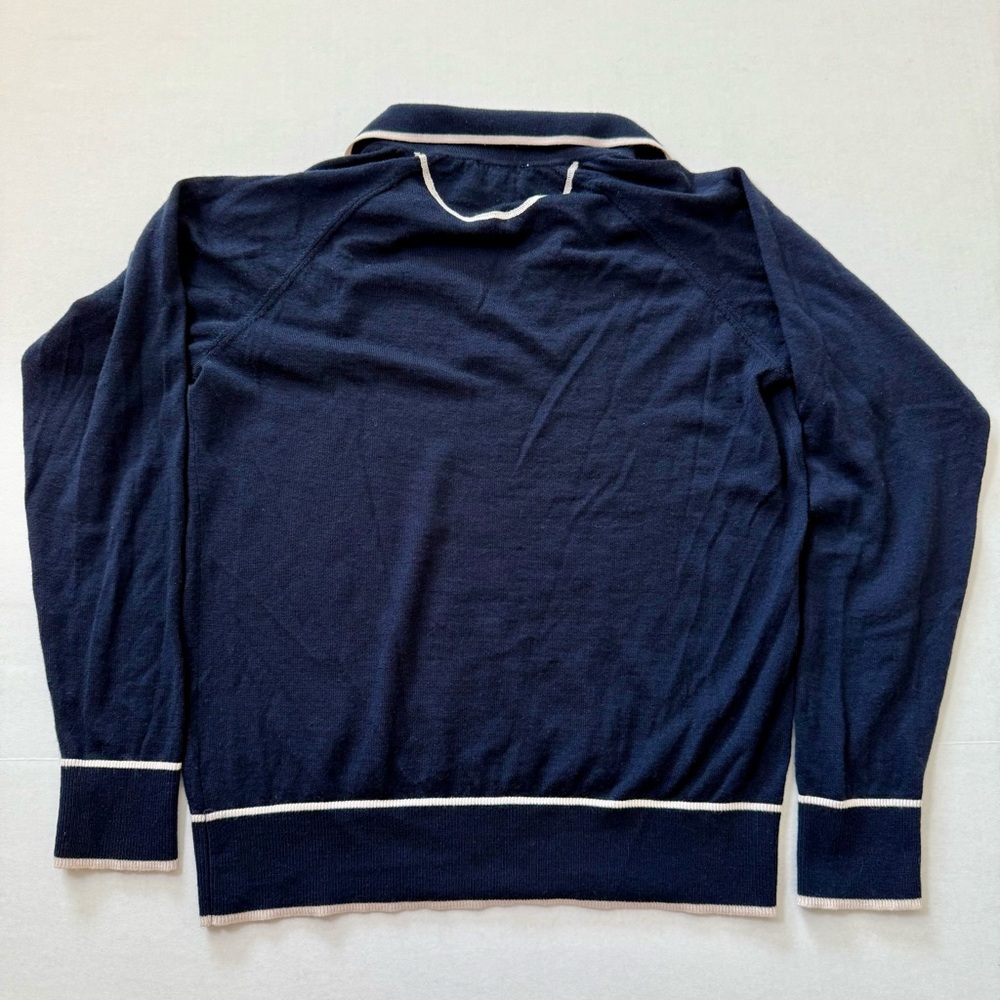 Chloe Stora Women’s Merino Wool V-Neck Collared Sweater Polo Navy and White - Picture 3 of 6